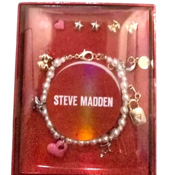 Steve Madden Pearl Charm Bracelet & Trio Earring Set - Picture 3 of 5